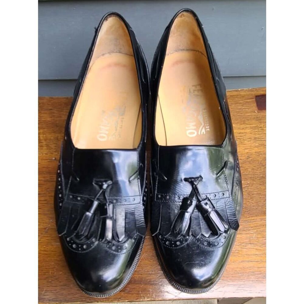 Mens Salvatore Ferragamo Black Leather Kiltie Tassel Loafers size 6D